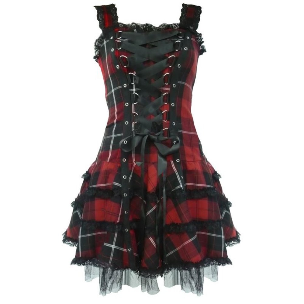 Hell Bunny M Red Tartan Lace Up Mini Dress - Picture 3 of 6